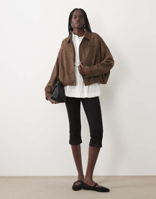 Vila faux suede bomber jacket in brown, 3 of 4