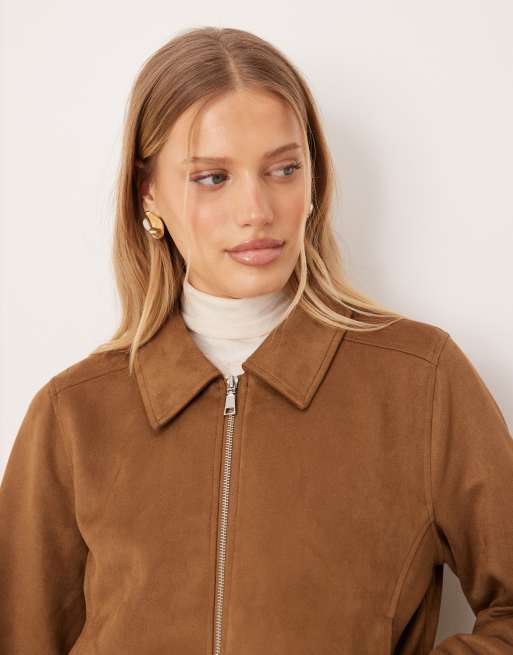 Vila faux suede harrington jacket in light brown, 3 of 4