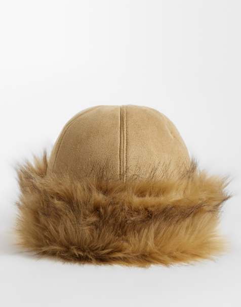 Vila faux suede hat with faux fur trim in beige - view 1