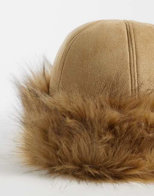 Vila faux suede hat with faux fur trim in beige , 3 of 3