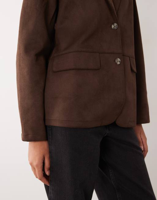 Vila faux suede tailored blazer co-ord in chocolate brown, 4 of 4
