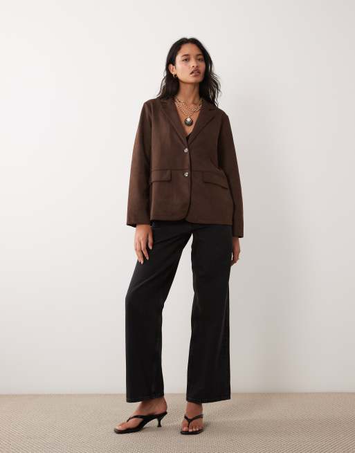 VILA faux suede tailored blazer in chocolate brown (part of a set), 2 of 4