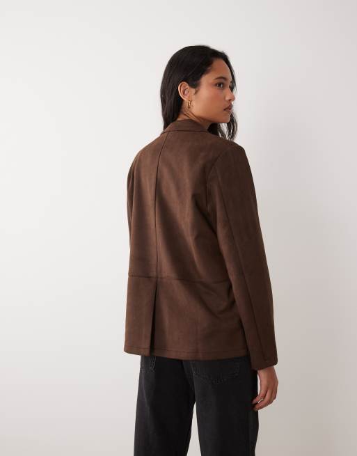 VILA faux suede tailored blazer in chocolate brown (part of a set), 3 of 4