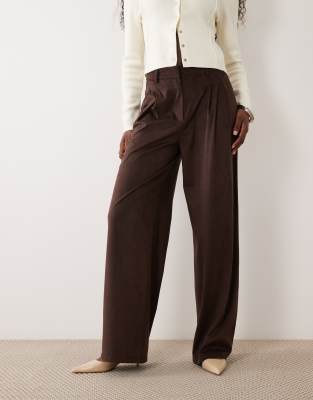 Vila Faux Suede Wide Leg Pleated Tailored Pants In Brown