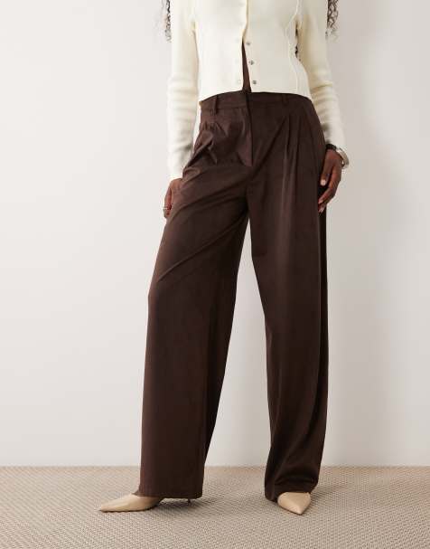 VILA faux suede wide leg pleated tailored pants in chocolate brown (part of a set) - view 1