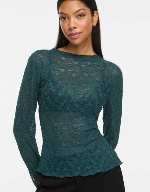 Vila Fay lace slim fit mock neck long sleeve blouse in turquoise, 4 of 7