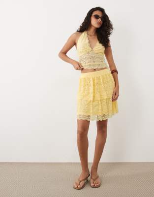 Vila Flippy Layered Lace Mini Skirt In Yellow