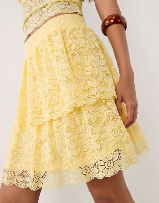 VILA flippy layered lace mini skirt in pastel yellow - part of a