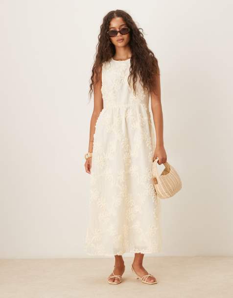 Vila floral applique midi dress in cream - view 1