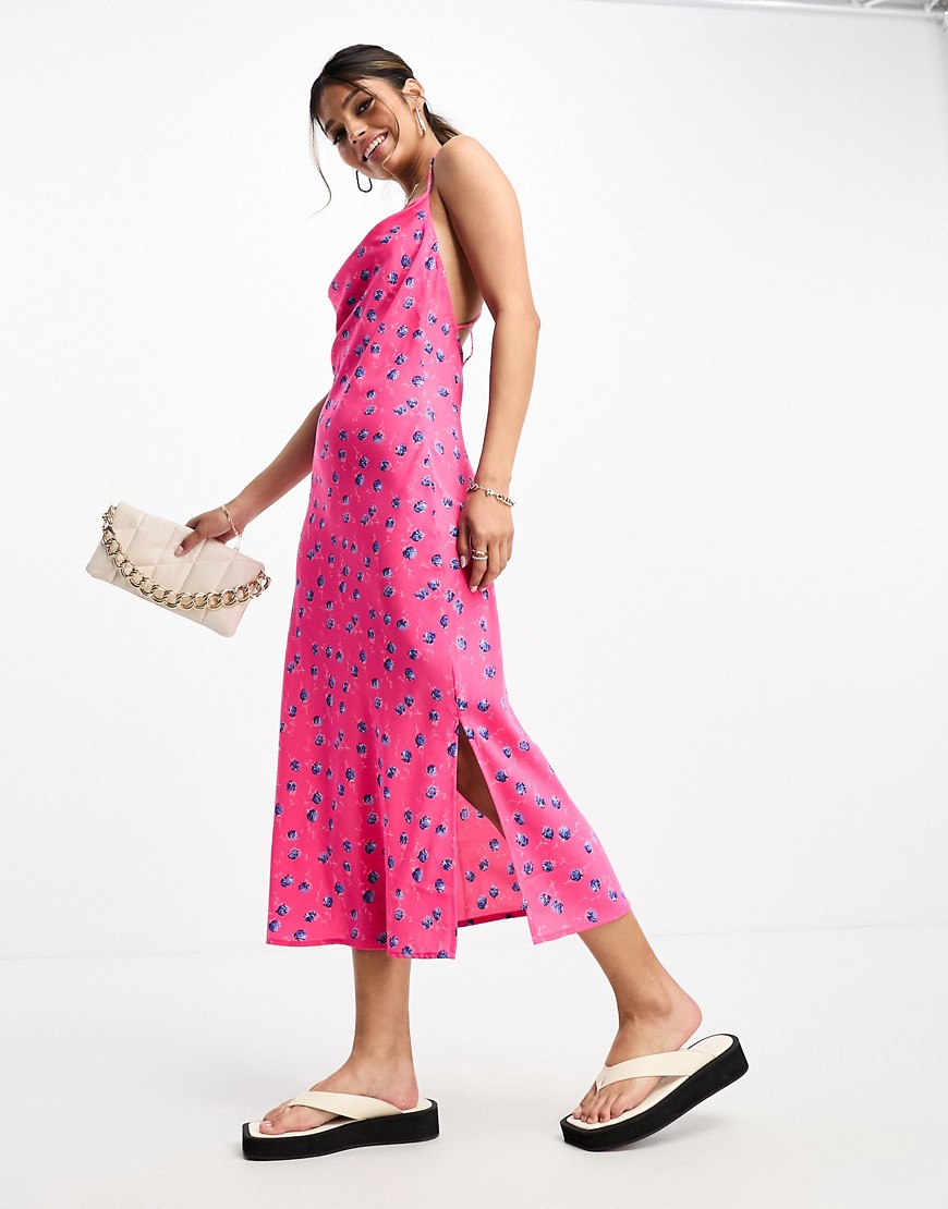 Vila floral cami midi dress with back detail in bright pink