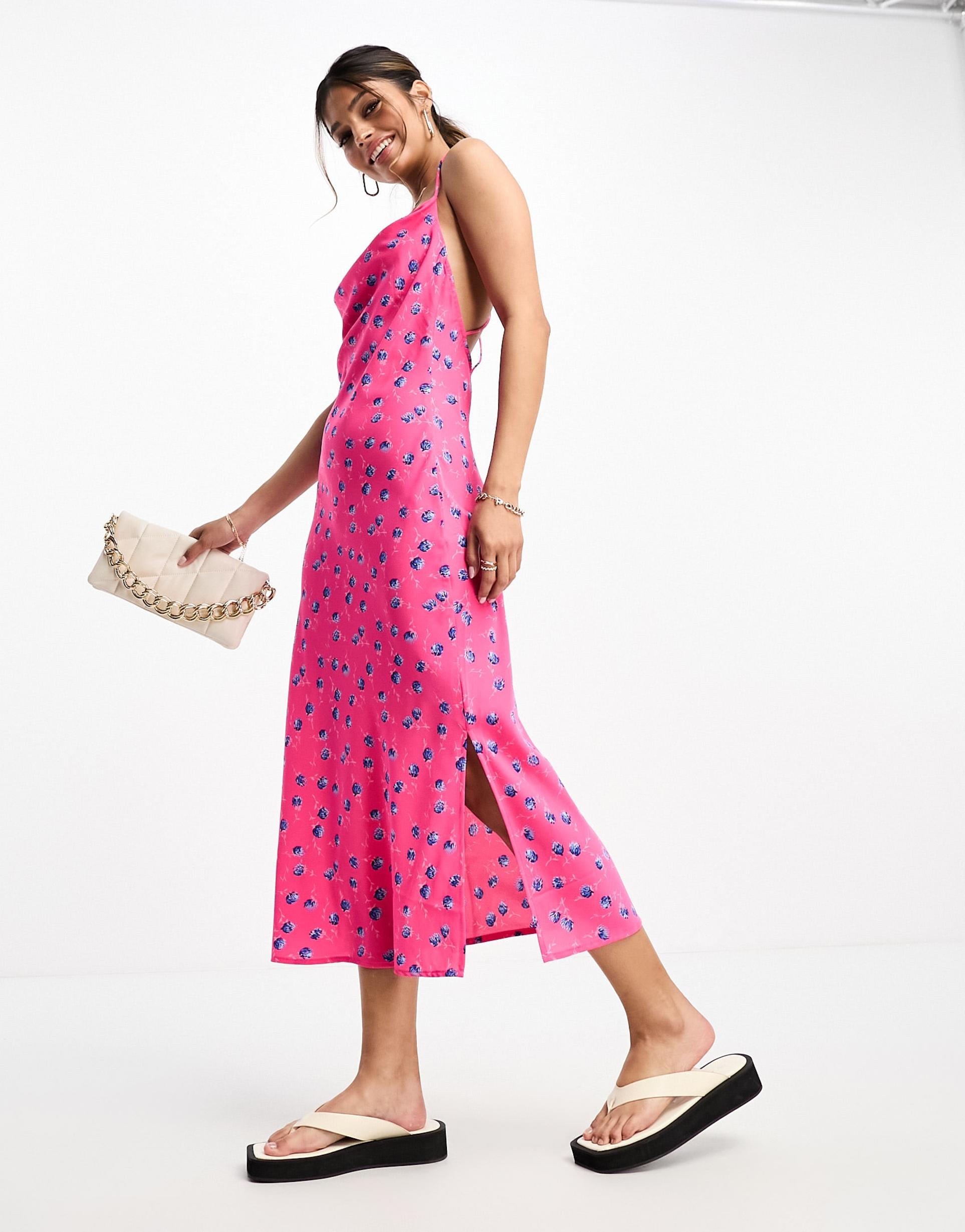 vila floral cami midi dress with back detail in bright pink