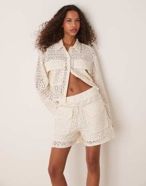 VILA floral crochet shorts in birch cream - part of a set - view 1