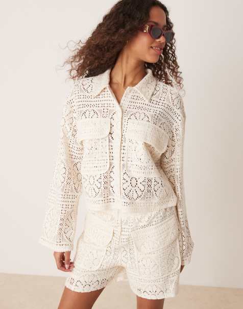 Vila floral crochet utility style cropped shirt and shorts set in birch cream - view 1