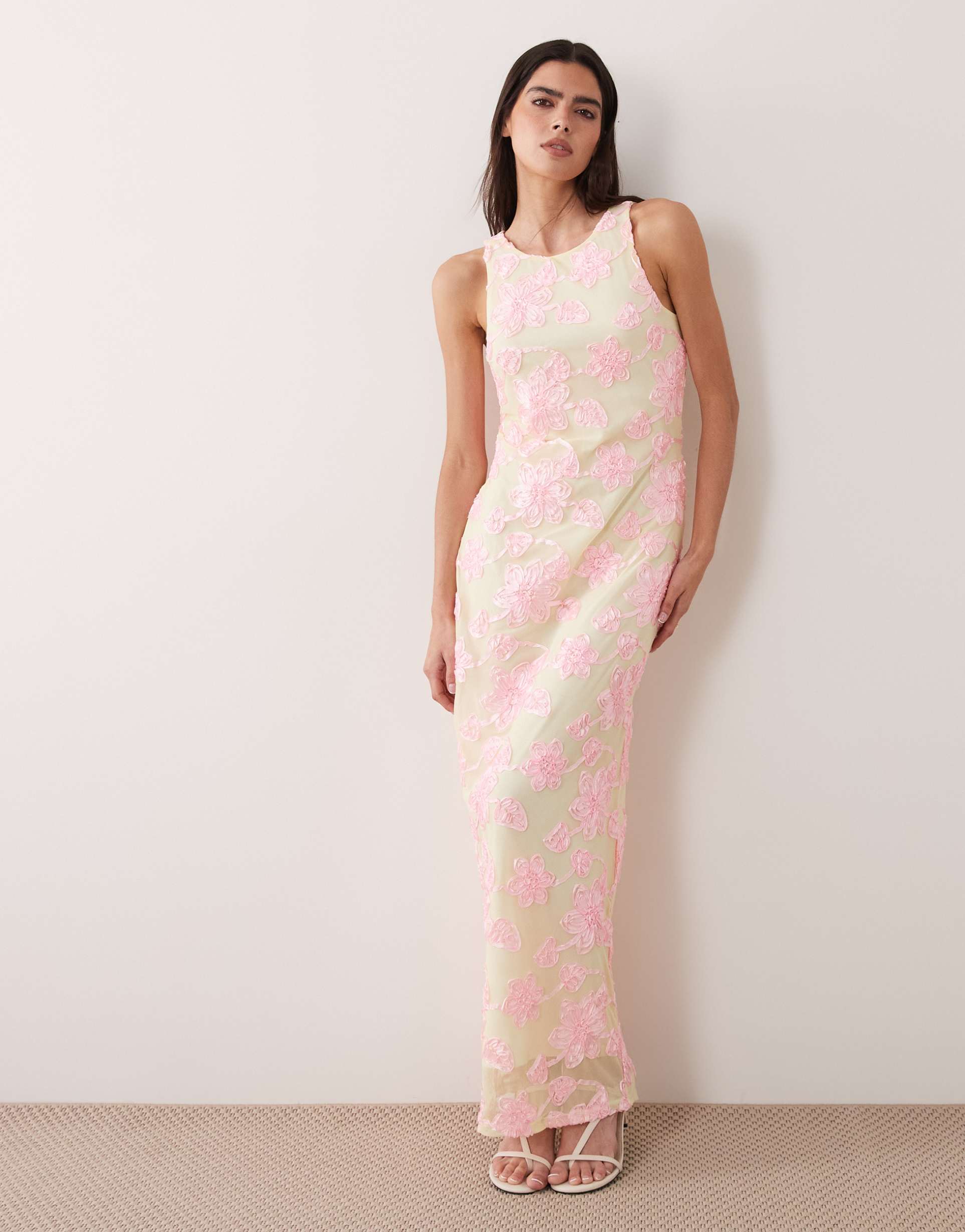 vila floral embroidered maxi dress in pastel yellow and pink