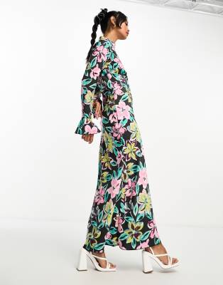 Vila Floral High Neck Maxi Dress With Cuff Detail-multi