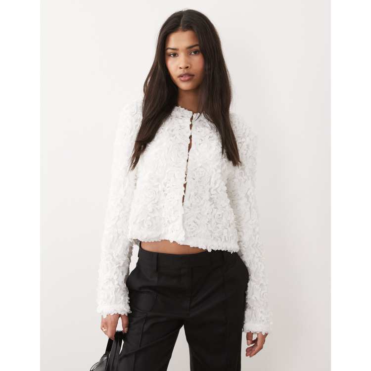 VILA floral jacquard clasp front top in white | ASOS