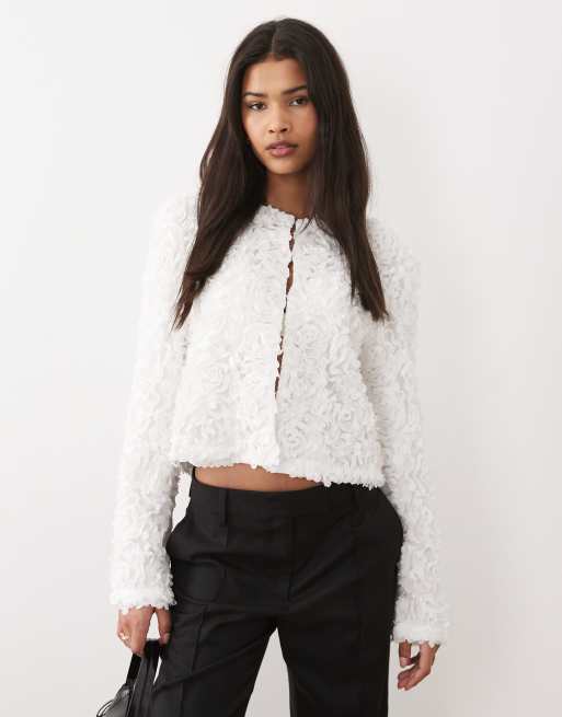 VILA floral jacquard clasp front top in white | ASOS