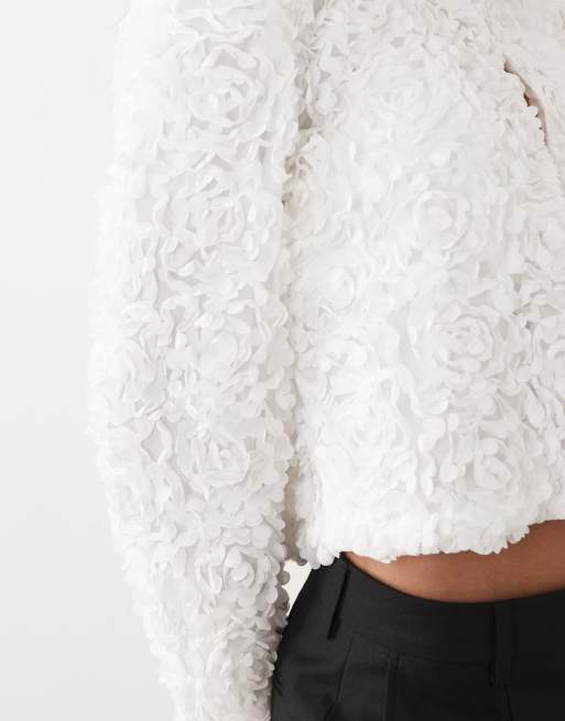 VILA floral jacquard clasp front top in white, 3 of 4