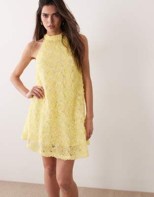 Vila Floral Jacquard Halter Neck Mini Dress In Yellow