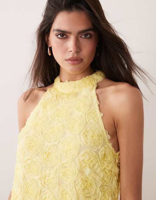VILA floral jacquard halter neck mini dress in pastel yellow, 3 of 4