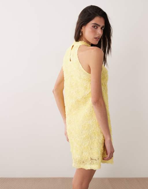 VILA floral jacquard halter neck mini dress in pastel yellow, 4 of 4