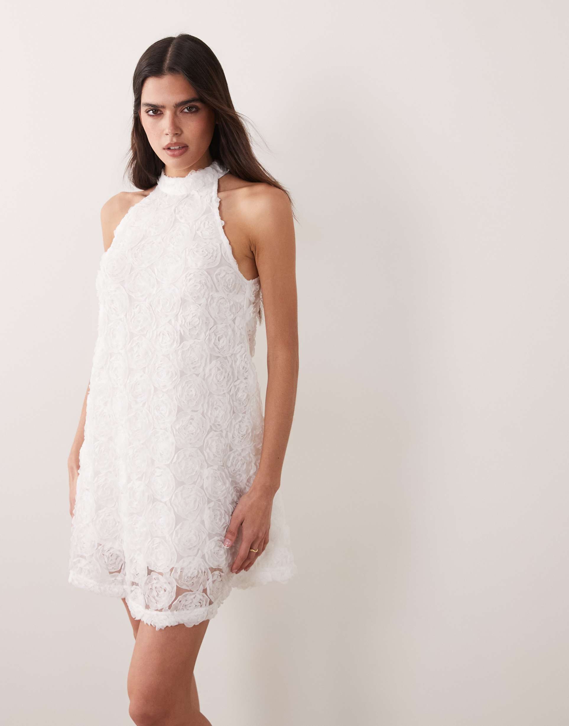 vila floral jacquard halter neck mini dress in white