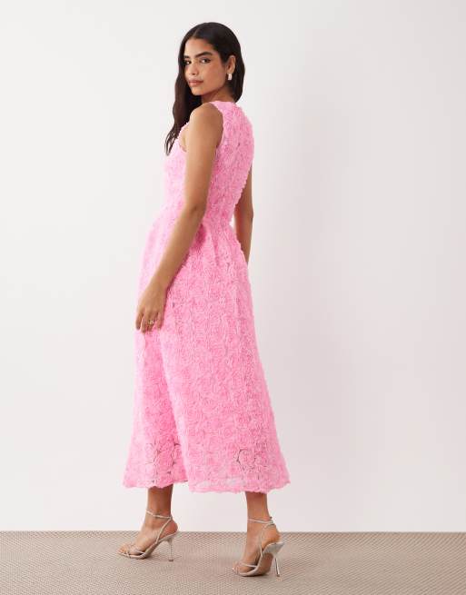Vila floral jacquard maxi dress in bonbon pink, 3 of 4