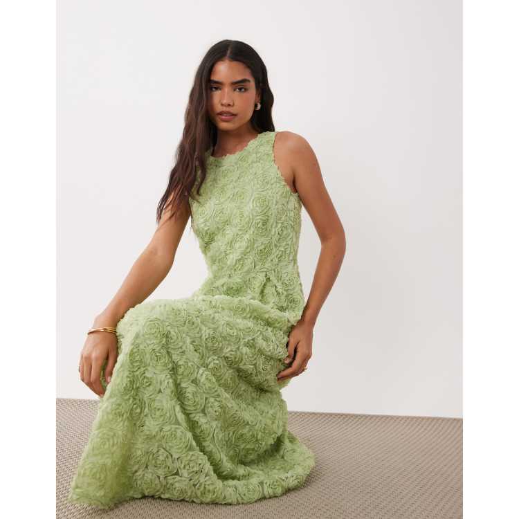 VILA floral jacquard midaxi dress in sage green | ASOS