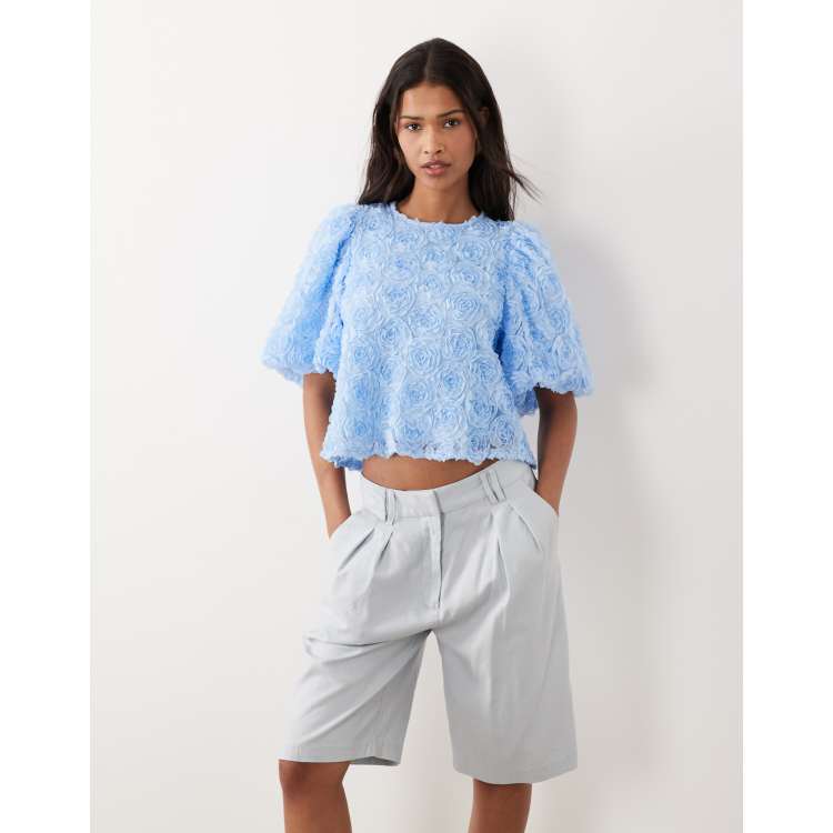 Vila floral jacquard short sleeve top in light blue | ASOS