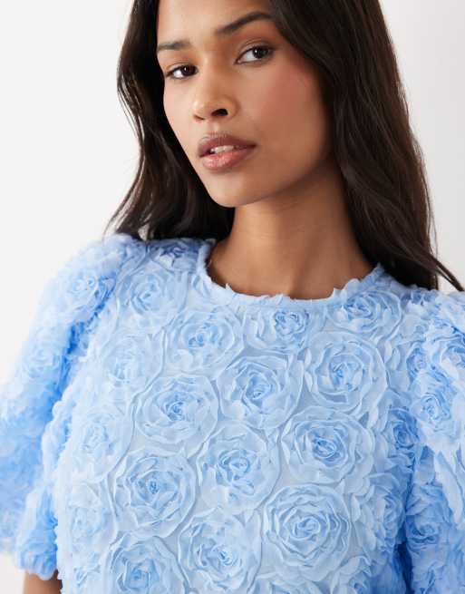 Vila floral jacquard short sleeve top in light blue | ASOS