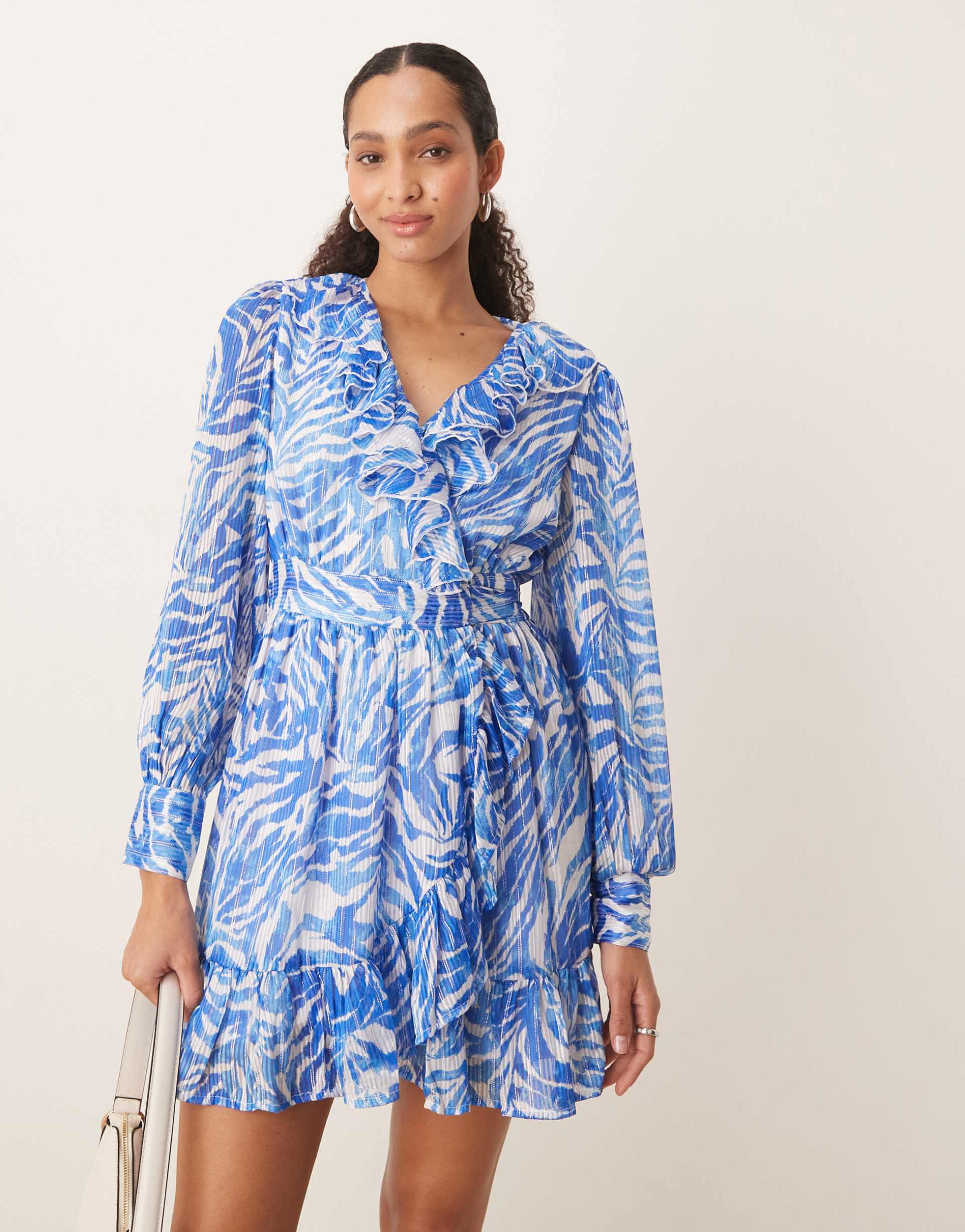 vila flounce mini dress in blue zebra print