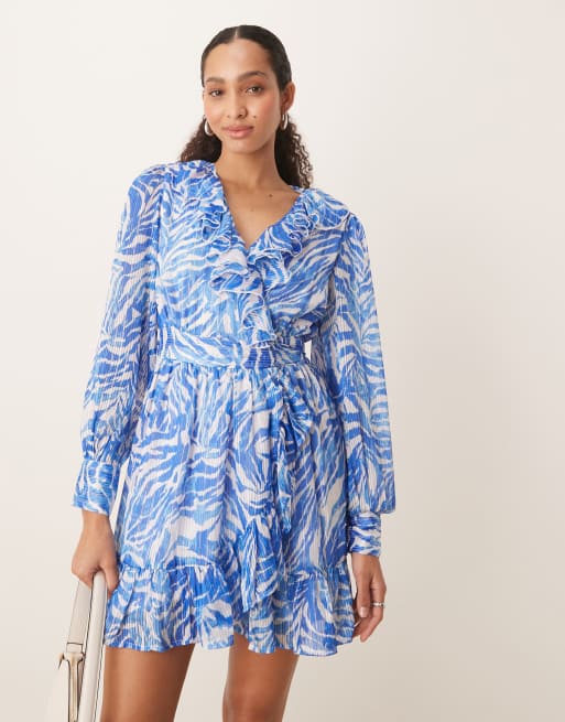VILA flounce mini dress in blue zebra print, 2 of 4