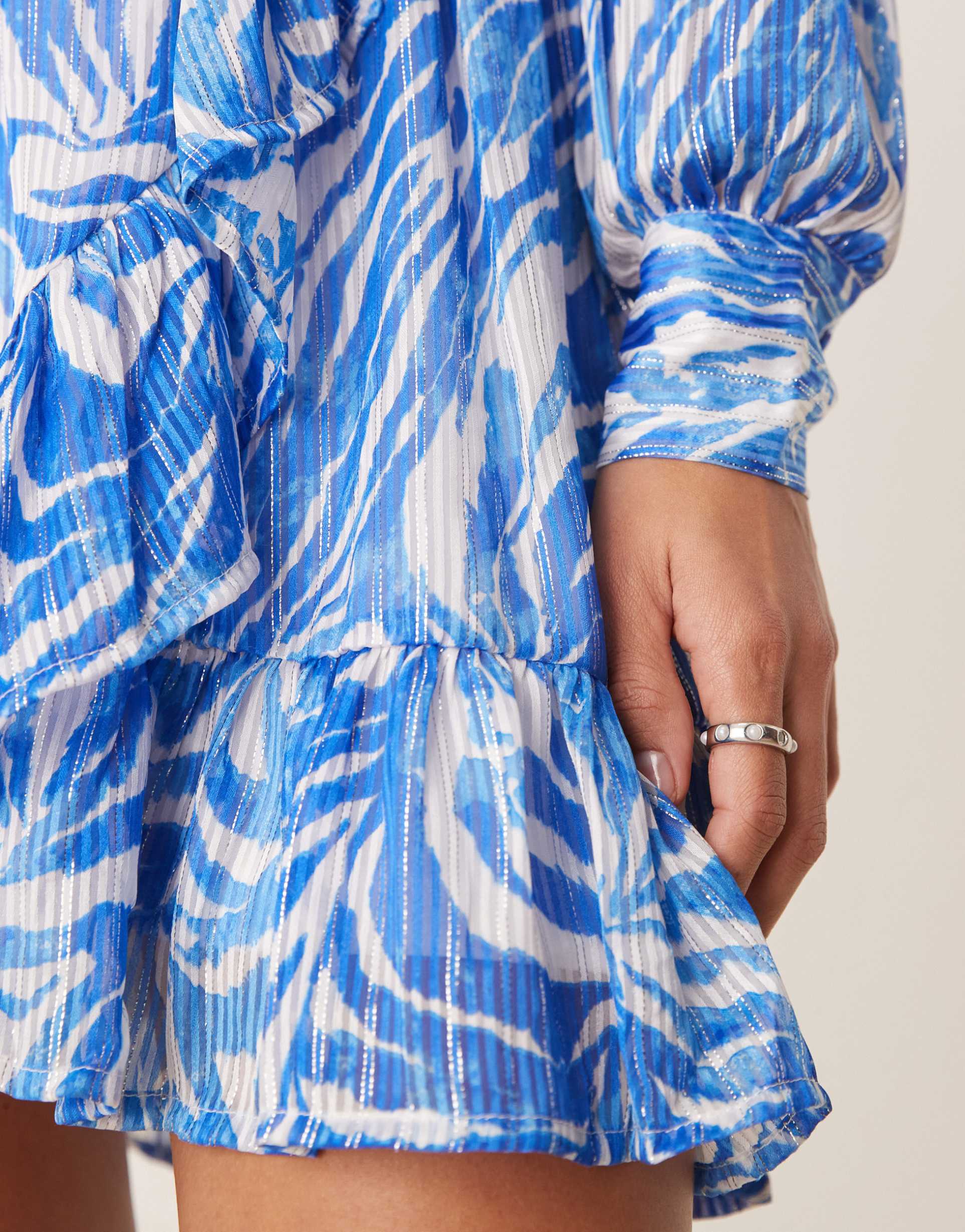 vila flounce mini dress in blue zebra print