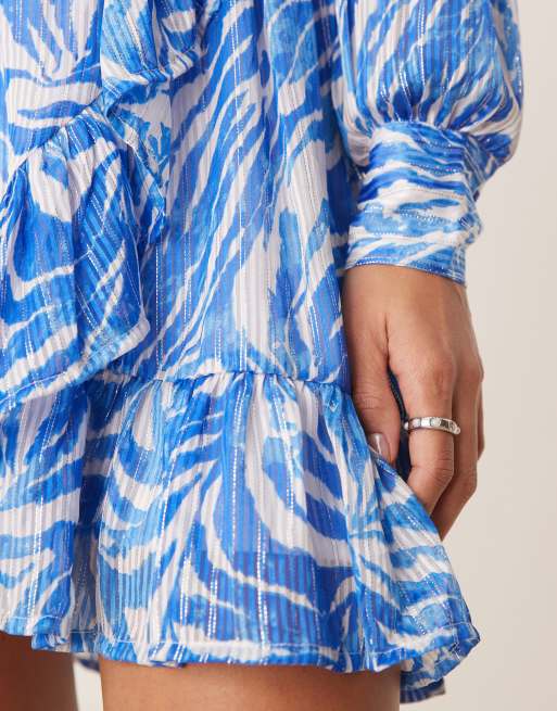 VILA flounce mini dress in blue zebra print, 3 of 4