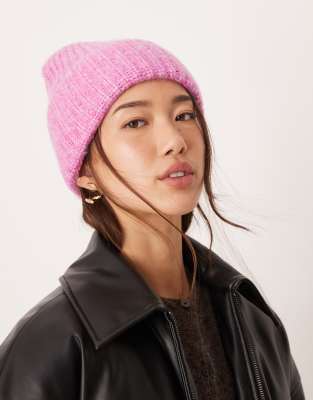 Vila Vila fluffy beanie hat in pink melange