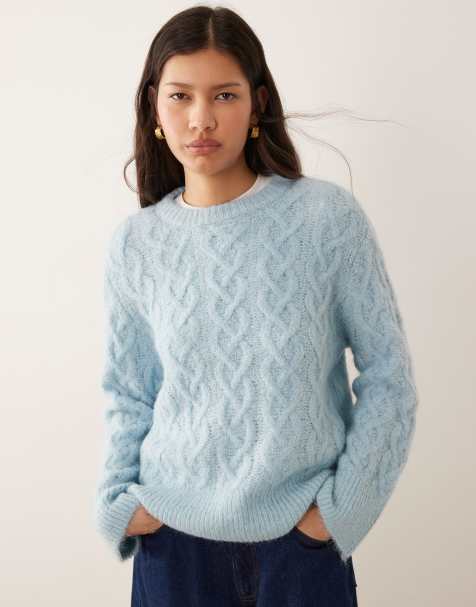 Vila fluffy cable knit sweater in light blue - view 1