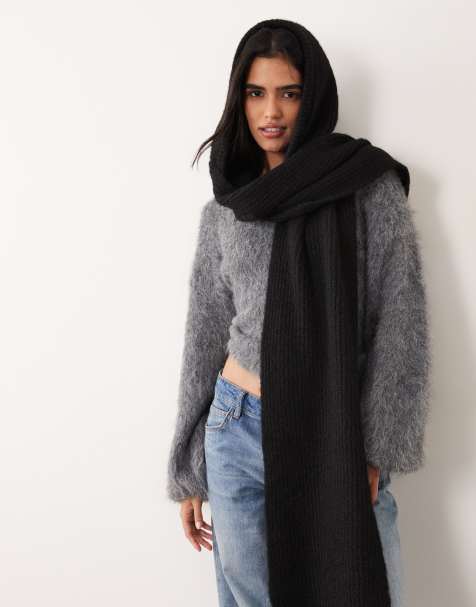 Vila fluffy knit hooded scarf in black  - view 1