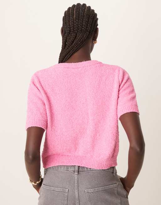 VILA fluffy knit short sleeve cardigan style top in bubblegum pink