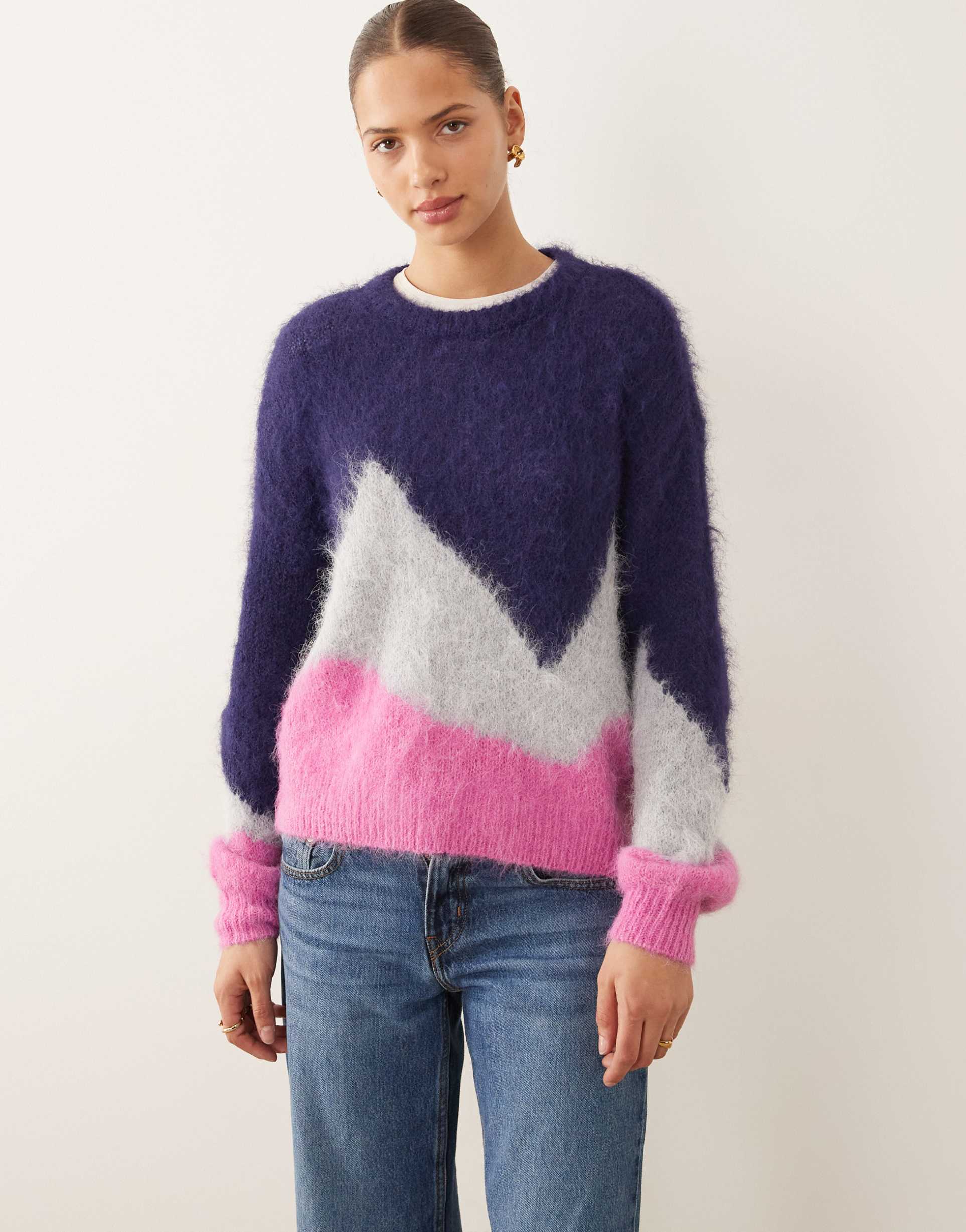 vila fluffy knit sweater in blue and pink diagonal stripes