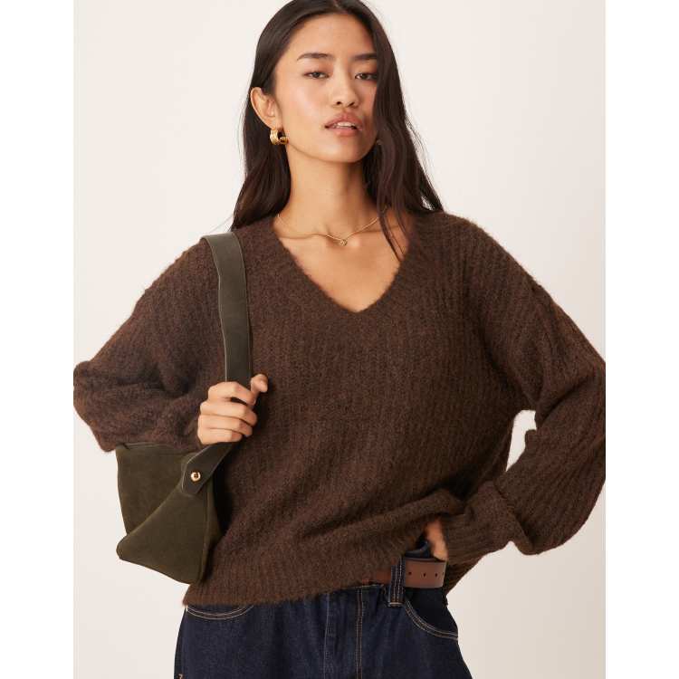 ニット+セーター PETITROW fluffy knit tops Brown VILA fluffy knit v neck oversized sweater in chocolate brown | ASOS