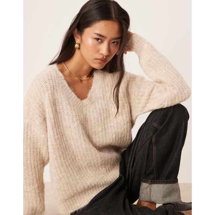 トップス Fluffy loose knit beige VILA fluffy knit v neck oversized sweater in cream | ASOS
