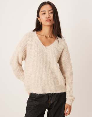 Vila Fluffy Knit V Neck Oversized Sweater In Neutral