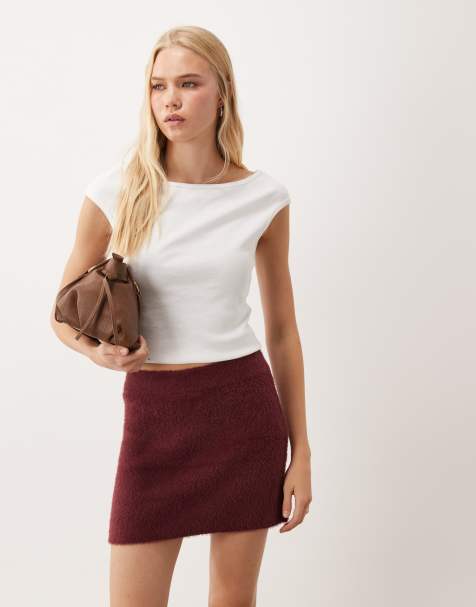 Vila fluffy knitted mini skirt in burgundy - view 1