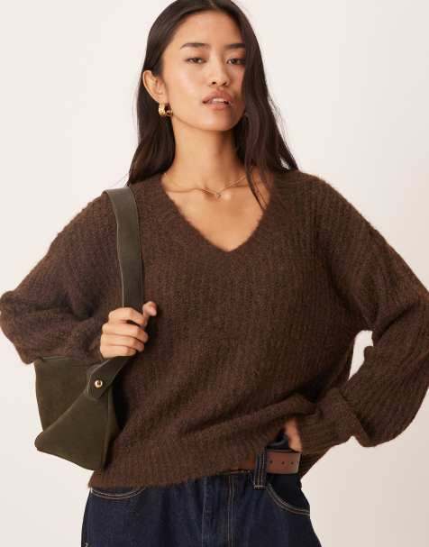 Vila fluffy knitted v neck oversized jumper in chocolate brown - view 1