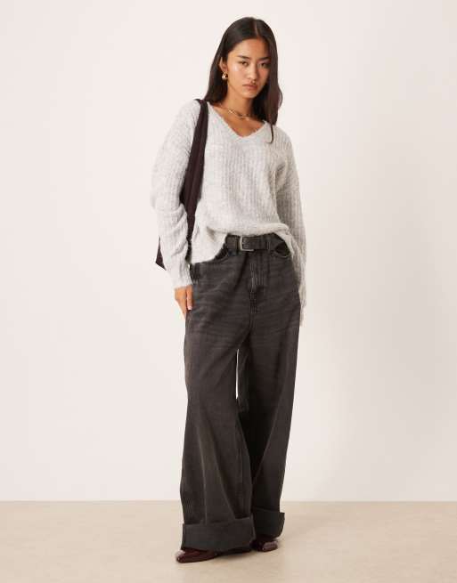 VILA fluffy knitted v neck oversized sweater in medium gray melange