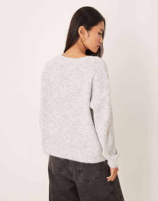 VILA fluffy knitted v neck oversized sweater in medium gray melange
