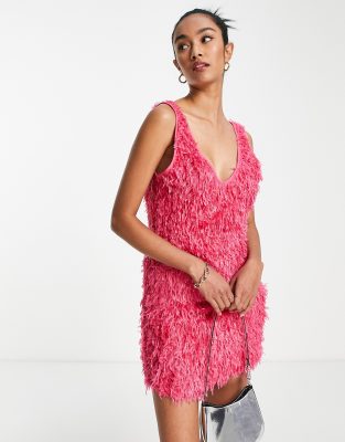 Vila Fluffy Mini Dress In Bright Pink