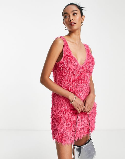 Vila fluffy mini dress in bright pink