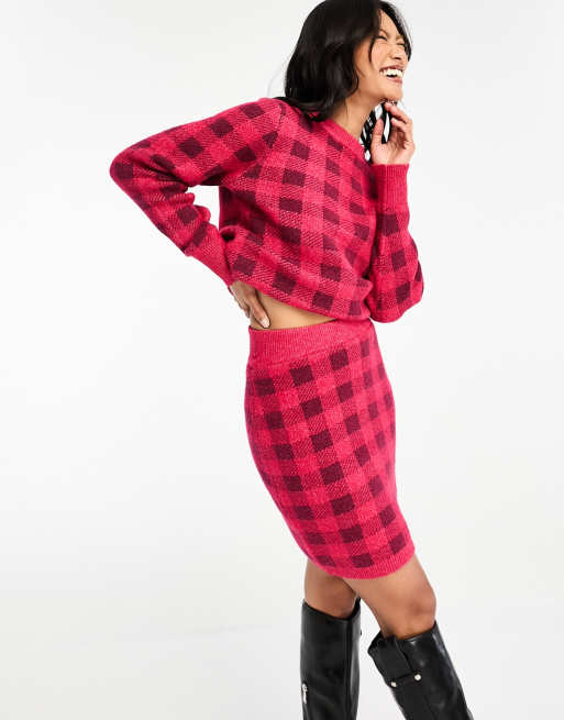 Vila fluffy mini skirt in red check part of a set
