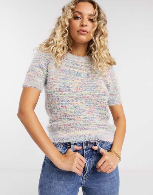 Fluffy short hot sale sleeve jumper